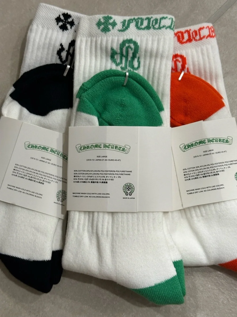 Chrome Hearts White Dagger 3-Pack Logo Socks Size Large NWT